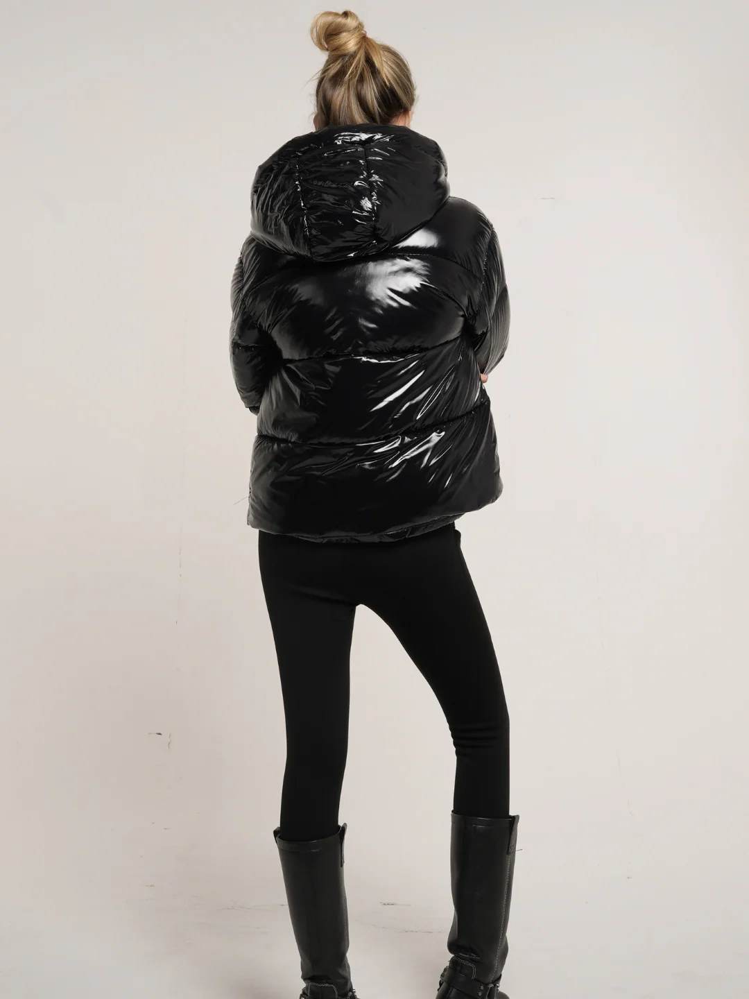WarmCore™ Shiny Black Detachable Hooded Puffer Jacket - Image 4